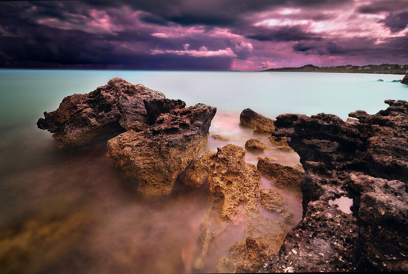 Rocky Coastline at Dusk — Purple, Dramatic