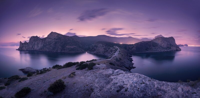 Rocky Coastline at Dusk — Purple, Serene, Night, Photograph