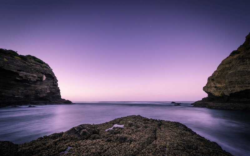 Rocky Coastline at Dusk — Purple, Serene, Night