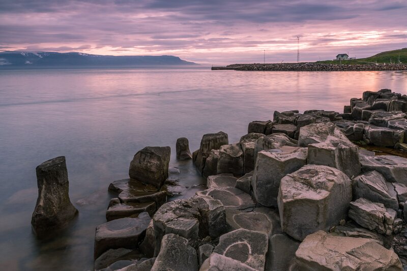 Rocky Coastline at Dusk — Purple, Serene, Sunset, Photograph, Sea