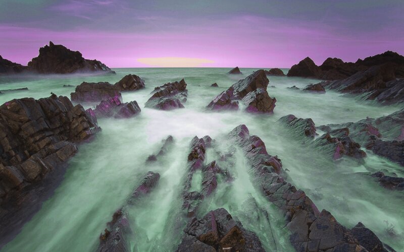 Rocky Coastline at Dusk — Purple