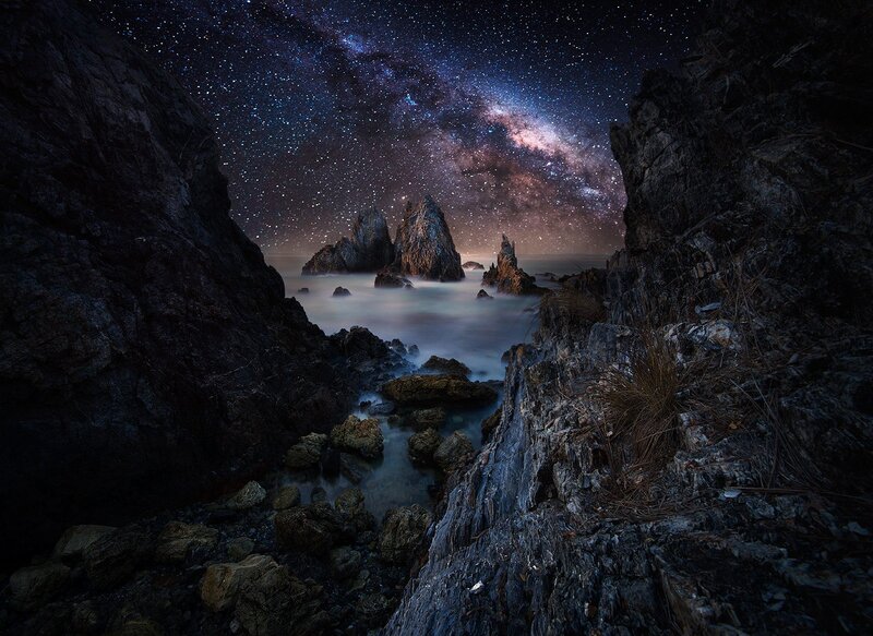 Rocky Coastline at Night — Black, Dramatic