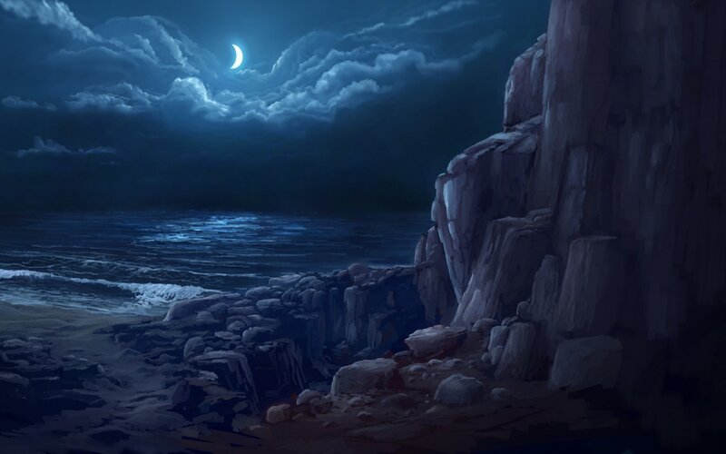 Rocky Coastline at Night — Blue, Dramatic, Digital Art
