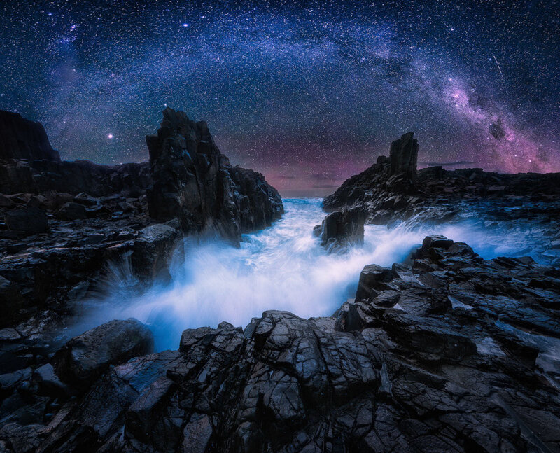 Rocky Coastline at Night — Blue, Dramatic