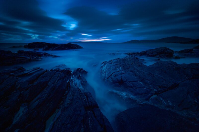 Rocky Coastline at Night — Blue, Serene, Photograph, Rocks, Ocean