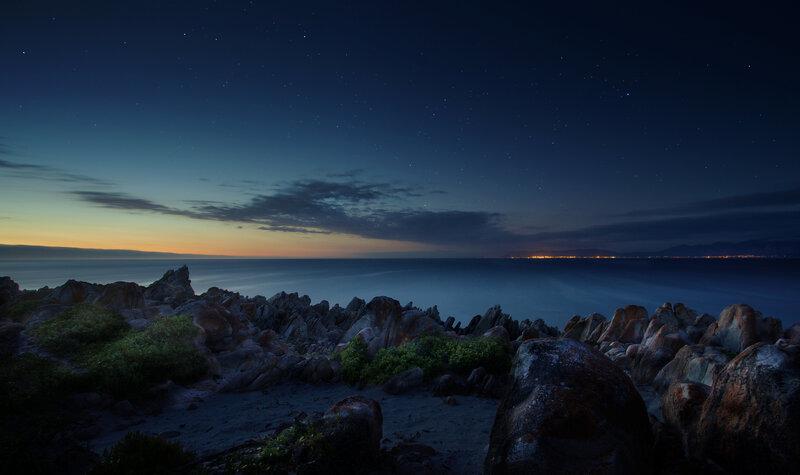 Rocky Coastline at Night — Blue, Serene, Photograph, Stars, Ocean
