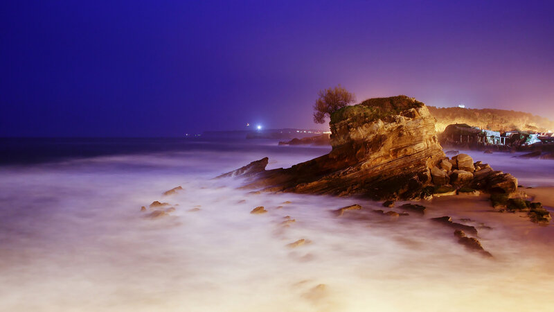 Rocky Coastline at Night — Purple, Serene