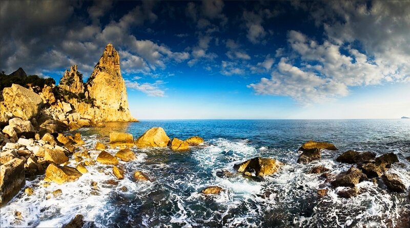 Rocky Coastline at Sea — Blue, Dramatic, Afternoon, Photograph, Cliffs