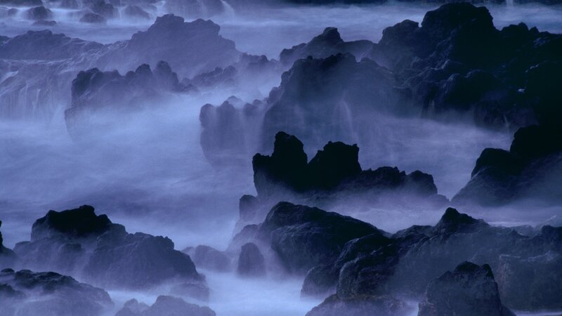 Rocky Coastline at Sea — Blue, Dramatic, Night