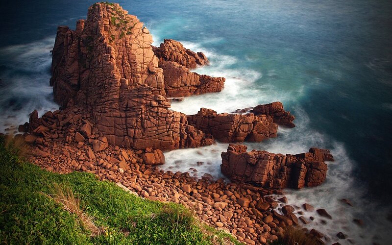 Rocky Coastline at Sea — Blue, Dramatic, Sunset, Photograph
