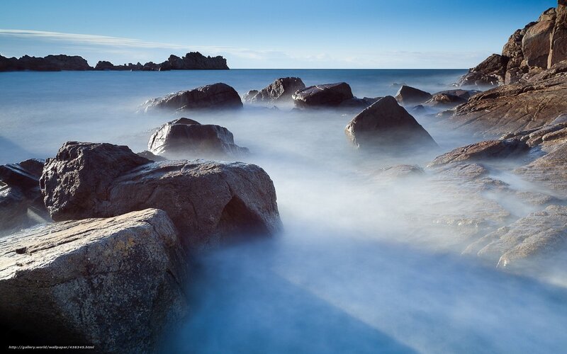 Rocky Coastline at Sea — Blue, Serene, Morning, Photograph