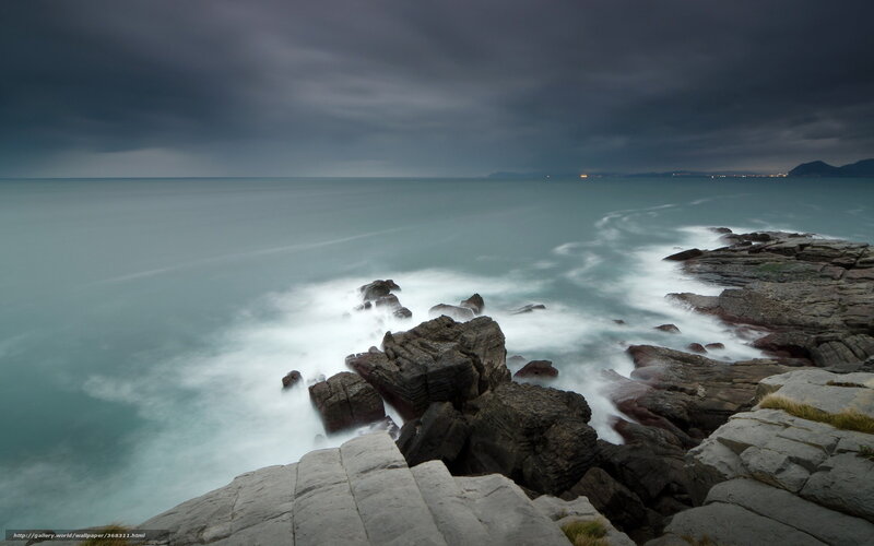 Rocky Coastline at Sea — Gray, Dramatic, Night