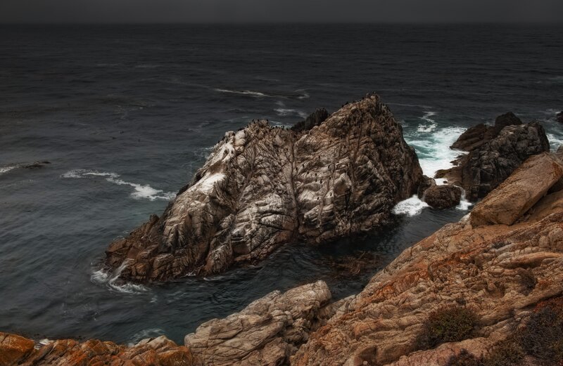 Rocky Coastline at Sea — Gray, Dramatic, Photograph, Ocean