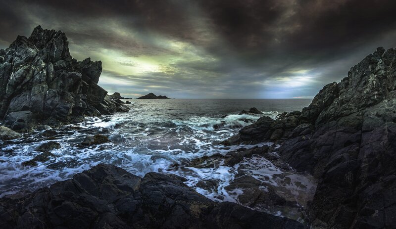 Rocky Coastline at Sea — Gray, Dramatic, Sunset