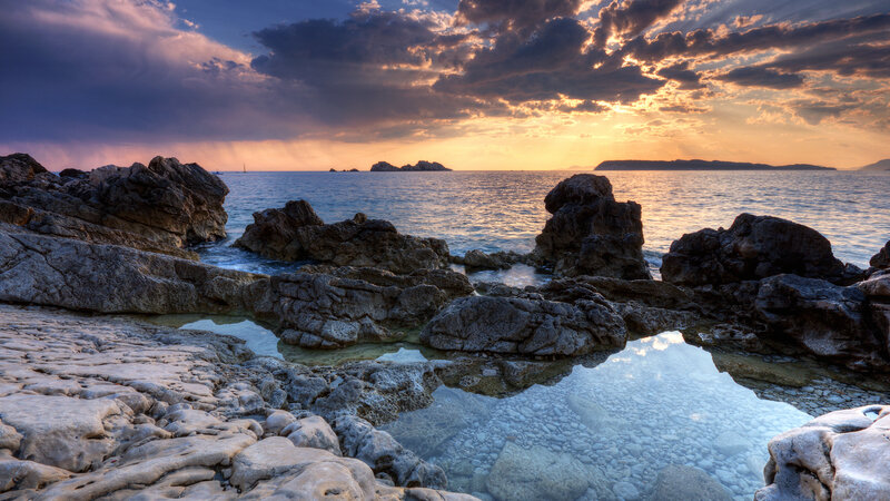 Rocky coastline at sunset
