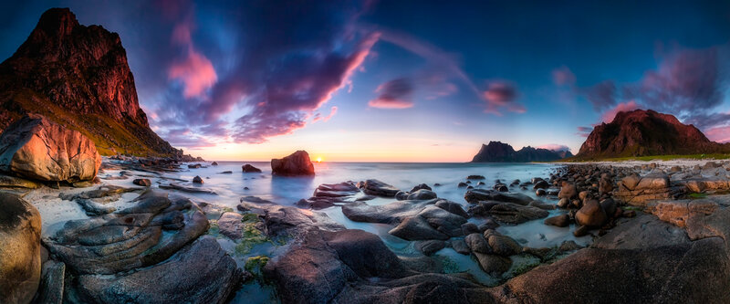 Rocky Coastline at Sunset — Blue, Dramatic, Photograph, Mountain, Sea