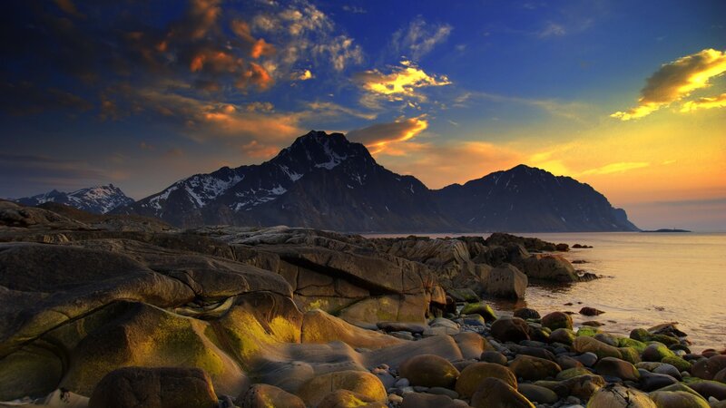 Rocky Coastline at Sunset — Blue, Dramatic, Photograph, Mountains, Sea, Clouds