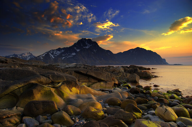 Rocky Coastline at Sunset — Blue, Dramatic, Photograph, Mountains