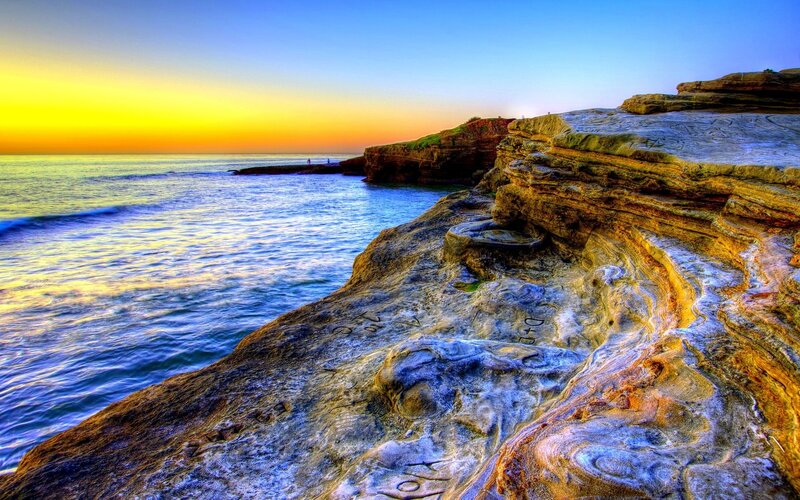 Rocky Coastline at Sunset — Blue, Dramatic, Photograph, Ocean, Cliffs, Sky