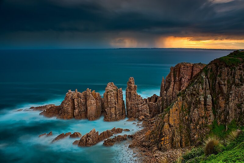 Rocky Coastline at Sunset — Blue, Dramatic, Photograph, Ocean, Cliffs, Storm Clouds