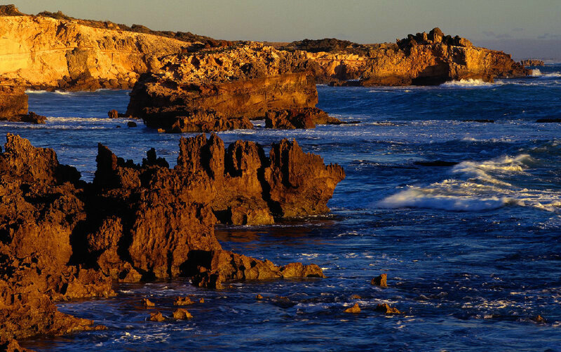 Rocky Coastline at Sunset — Blue, Dramatic, Photograph, Ocean, Cliffs, Waves