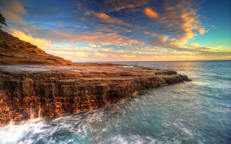 Rocky Coastline at Sunset — Blue, Dramatic, Photograph, Ocean, Clouds, Cliff