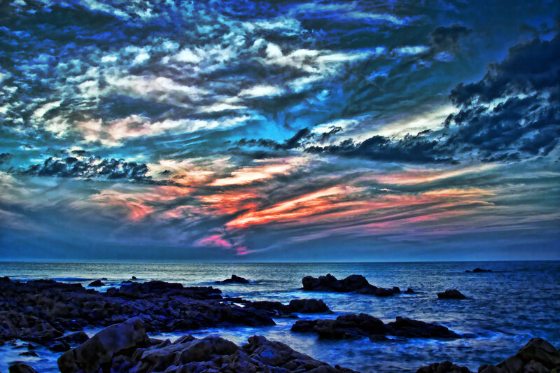 Rocky Coastline at Sunset — Blue, Dramatic, Photograph, Ocean, Clouds, Rocks, Orange