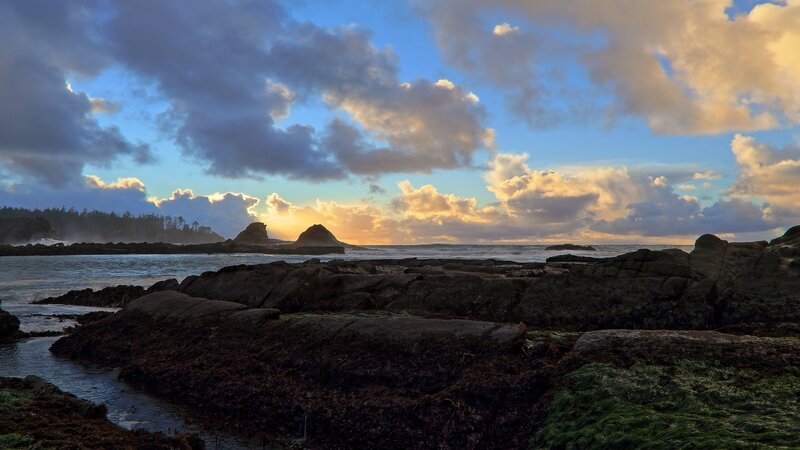 Rocky Coastline at Sunset — Blue, Dramatic, Photograph, Ocean, Rocks, Clouds