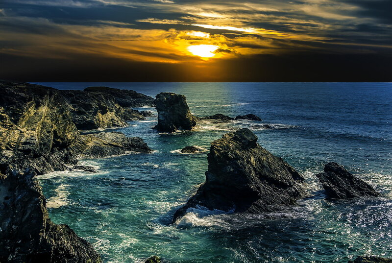 Rocky Coastline at Sunset — Blue, Dramatic, Photograph, Ocean, Rocks, Sun