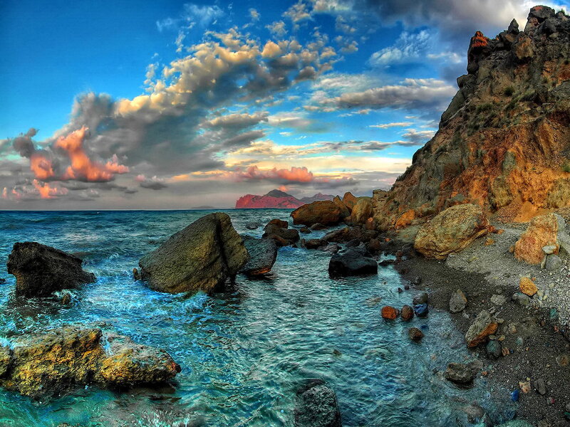Rocky Coastline at Sunset — Blue, Dramatic, Photograph, Ocean, Rocks