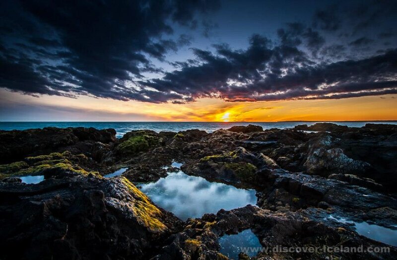 Rocky Coastline at Sunset — Blue, Dramatic, Photograph, Ocean, Sky, Clouds, Pool