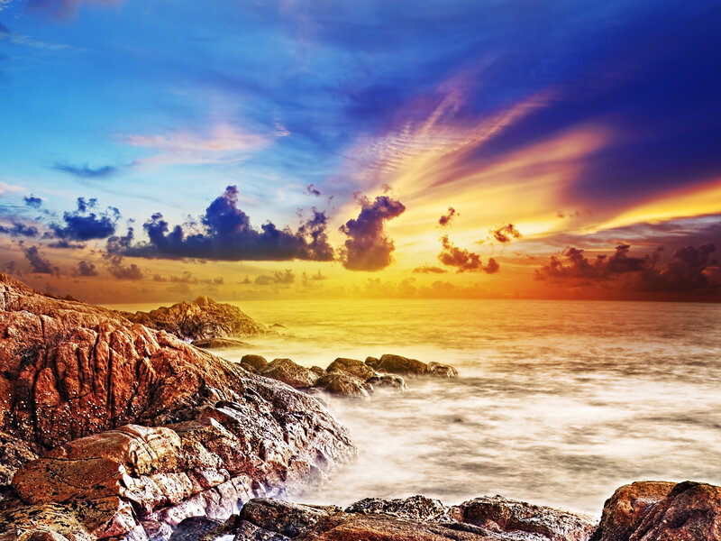 Rocky Coastline at Sunset — Blue, Dramatic, Photograph, Ocean, Sky, Clouds