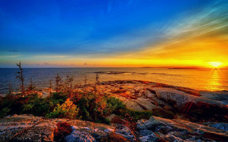 Rocky Coastline at Sunset — Blue, Dramatic, Photograph, Ocean, Sky, Trees