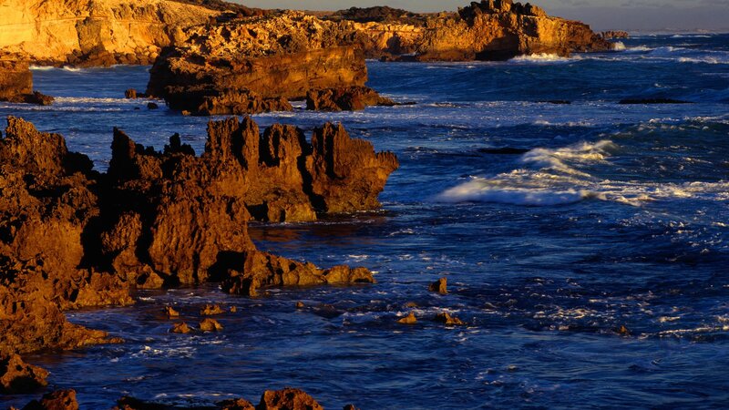 Rocky Coastline at Sunset — Blue, Dramatic, Photograph, Ocean, Waves, Cliffs, Brown