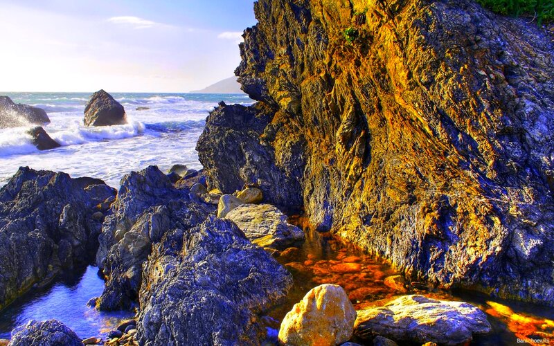 Rocky Coastline at Sunset — Blue, Dramatic, Photograph, Ocean, Waves, Rocks