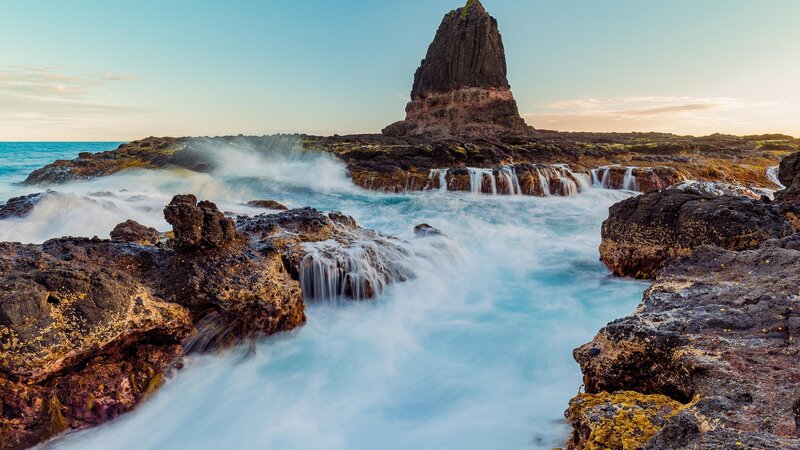 Rocky Coastline at Sunset — Blue, Dramatic, Photograph, Ocean Waves, Sea Stack