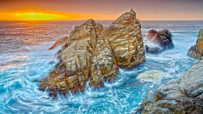 Rocky Coastline at Sunset — Blue, Dramatic, Photograph, Ocean, Waves, Sky