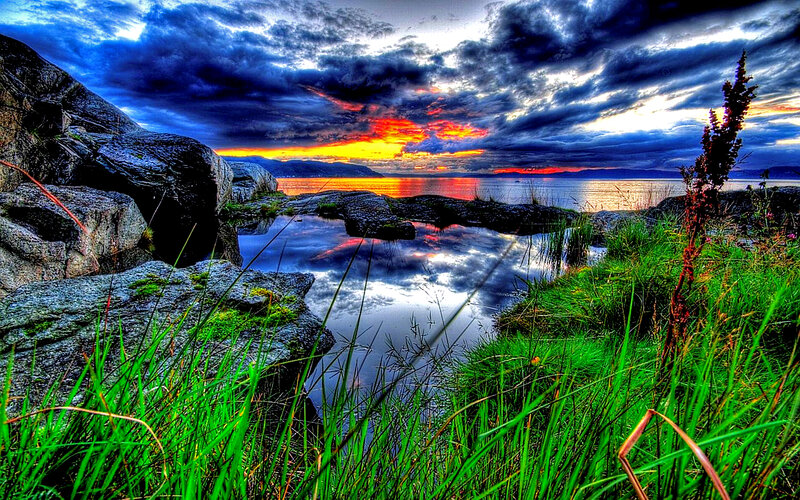 Rocky Coastline at Sunset — Blue, Dramatic, Photograph, Rocks, Grass