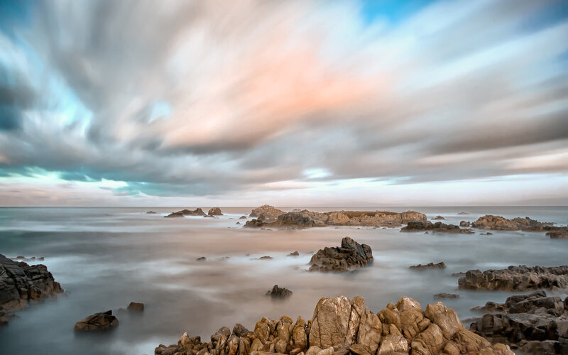 Rocky Coastline at Sunset — Blue, Dramatic, Photograph, Rocks, Ocean, Clouds