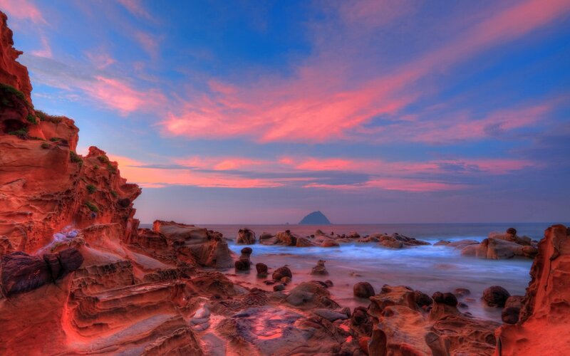 Rocky Coastline at Sunset — Blue, Dramatic, Photograph, Rocks, Ocean, Sky, Island