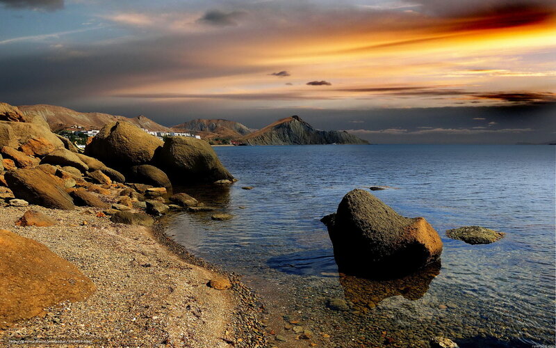 Rocky Coastline at Sunset — Blue, Dramatic, Photograph, Rocks, Sea, Mountains
