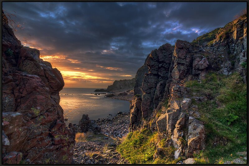 Rocky Coastline at Sunset — Blue, Dramatic, Photograph, Rocks, Sea, Sky, Grass