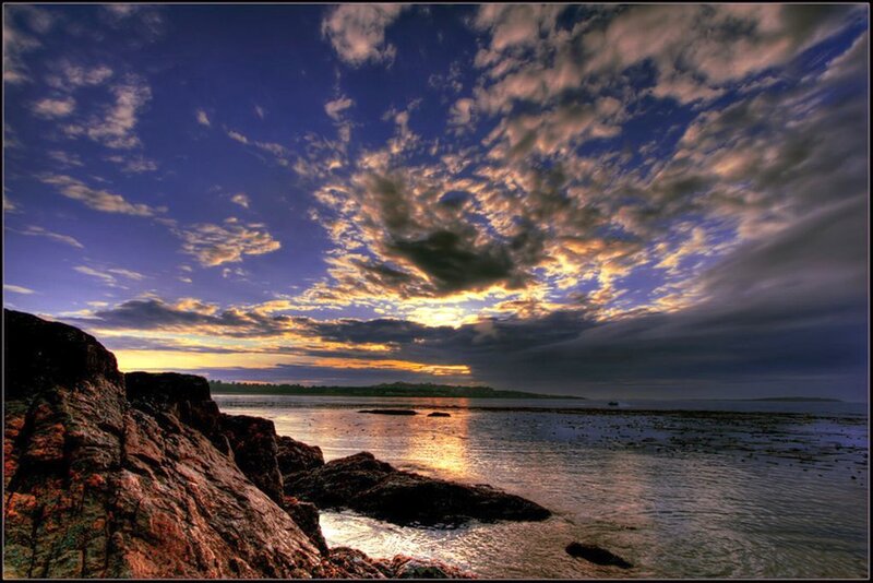 Rocky Coastline at Sunset — Blue, Dramatic, Photograph, Rocks, Sea