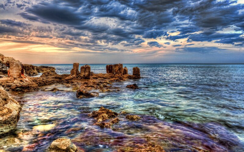 Rocky Coastline at Sunset — Blue, Dramatic, Photograph, Rocks