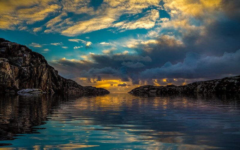 Rocky Coastline at Sunset — Blue, Dramatic, Photograph, Rocks, Water