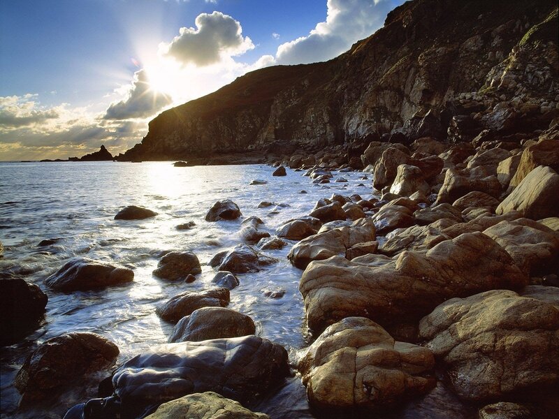 Rocky Coastline at Sunset — Blue, Dramatic, Photograph, Sea, Cliffs, Sun