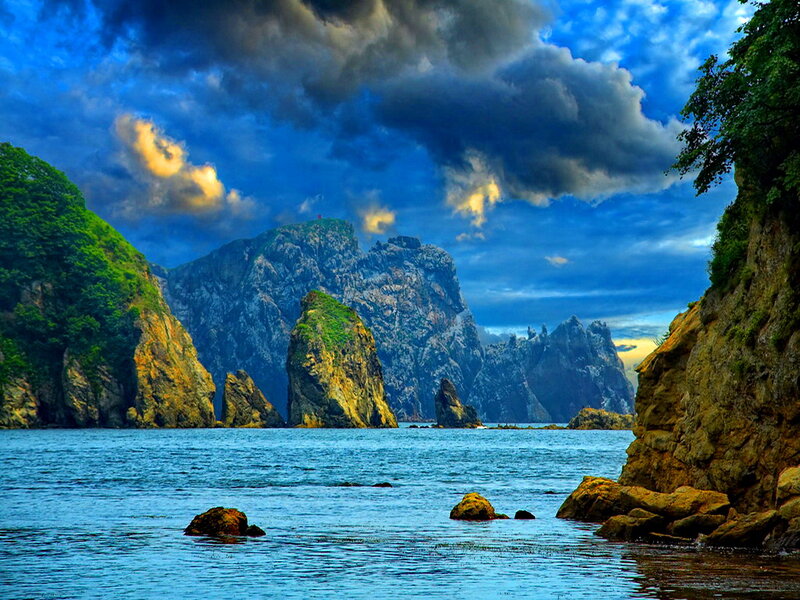 Rocky Coastline at Sunset — Blue, Dramatic, Photograph, Sea, Cliffs