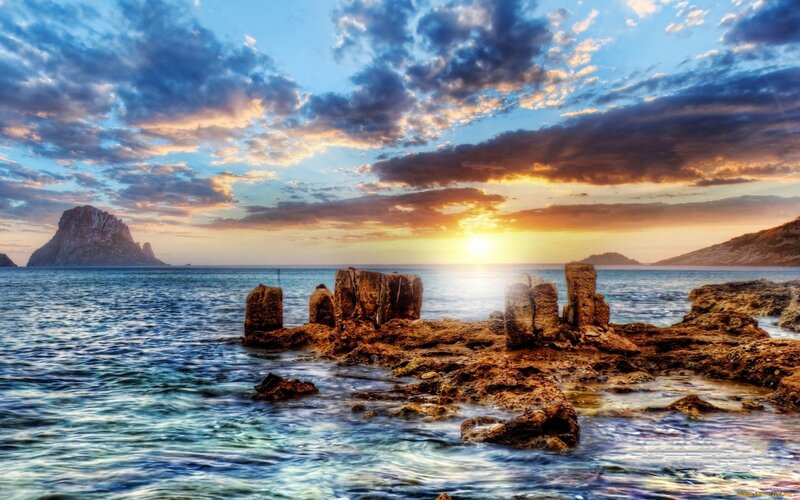 Rocky Coastline at Sunset — Blue, Dramatic, Photograph, Sea, Sky