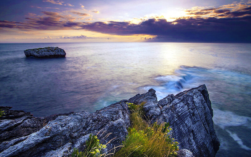 Rocky Coastline at Sunset — Blue, Dramatic, Photograph, Sea