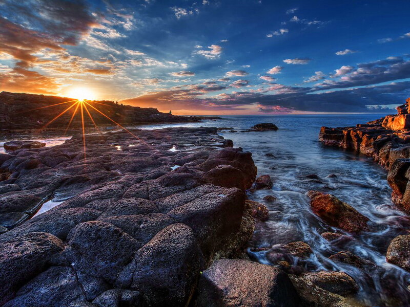 Rocky Coastline at Sunset — Blue, Dramatic, Photograph, Sun, Ocean, Clouds